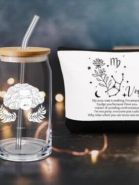 NWT Virgo Zodiac Gift Set | 16oz Glass Can Tumbler & Funny Canvas Makeup Bag